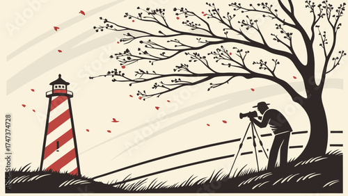 Striped Lighthouse Photographer Autumnal Scene Artistic Illustration Fall Leaves.