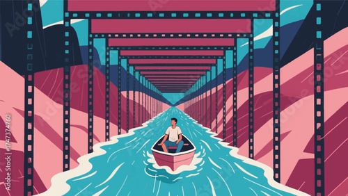 Illustration Of Visualized As A Rapid River Of Endless Vertical Video Frames, Carrying The User Sitting In A Small Boat Along A Predetermined Path Vector Design Template