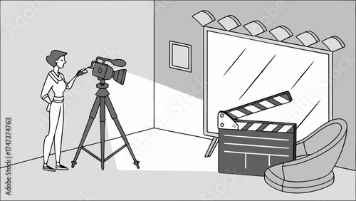 Studio Filmmaking Scene Person Operating Camera with Clapperboard and Lighting Setup.