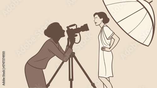 Studio Photography Session Fashion Shoot Photographer and Model Camera Tripod Lighting Illustration Vector Graphic.