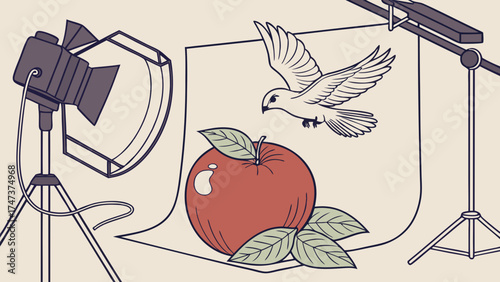 Studio Photography Setup with Fruit and Bird Illustration Graphic Design Artistic Still Life Food Photography Vector Art Creative Design Product Photography Advertising Marketing Editori.