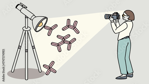 Studio Photography Setup with Lighting and Camera Abstract Pink Shapes Illustration.