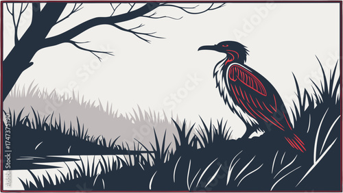 Stylized Bird in Marsh Landscape Nature Illustration Wildlife Art Vector Graphic.