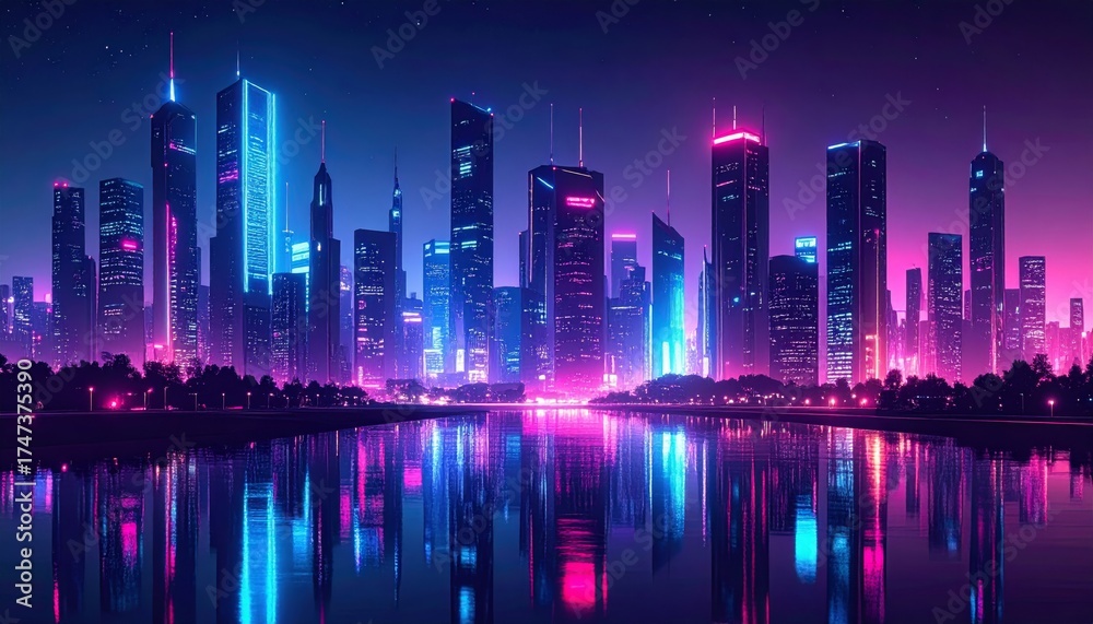 Fototapeta premium Vibrant Neon Metropolis Skyline Reflecting Blue and Pink Hues on Calm Water