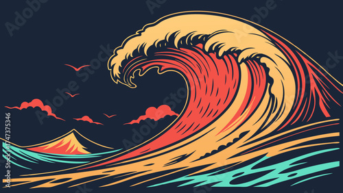 Stylized Ocean Wave Illustration Abstract Water Design Coastal Art Vintage Surfing Graphic.