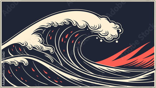 Stylized Ocean Wave Illustration Abstract Water Design Vintage Graphic Art Print Nautical Theme.