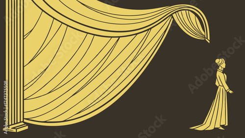Stylized illustration of a woman walking past a curtain elegant design minimalist art gold and brown palette.