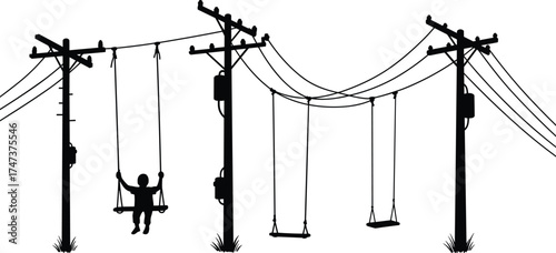 Silhouette of utility poles, swings, child on swing, surreal playground concept, urban infrastructure, creative black white illustration