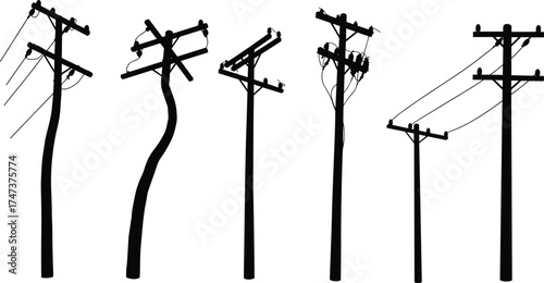 Utility pole silhouettes, damaged leaning poles, broken crossarms, tangled wires, electrical distribution system, transformers, urban electricity grid, 
