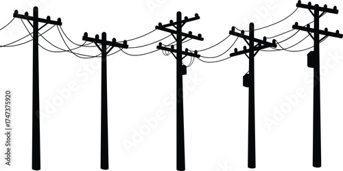 Utility pole silhouettes, electrical distribution system, power line infrastructure, transformers and insulators, urban electricity grid, industrial energy design, 