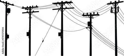 Utility pole silhouettes, electrical distribution system, power line infrastructure, transformers and insulators, urban electricity grid, industrial energy design, 