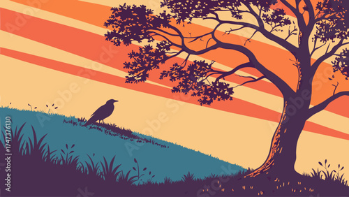 Sunset Silhouette of a Bird and Tree on Grassy Hillside.