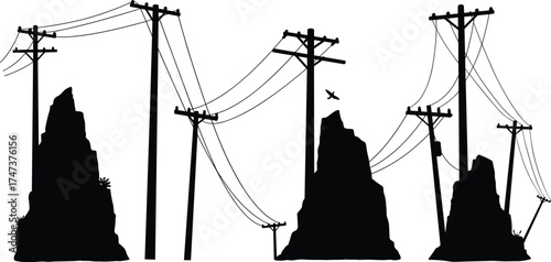 Utility pole silhouettes, power line infrastructure, rocky cliff background, flying bird, electrical distribution system, urban rural energy design