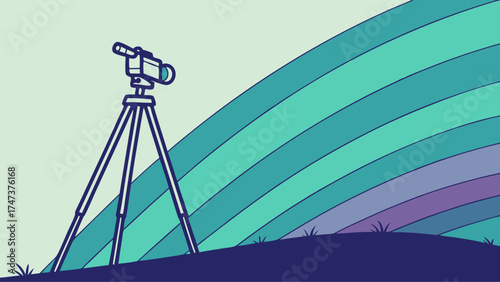 Surveying equipment on a hill with abstract rainbow background illustration graphic design element.