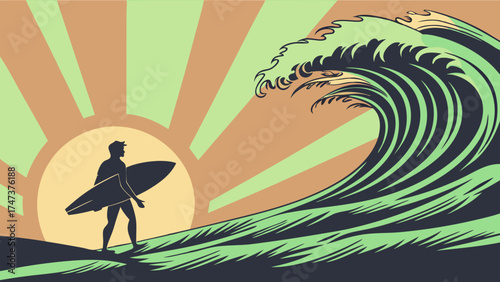 Surfer Silhouette with Large Wave and Sunset Ocean Summer Beach Graphic Art Design Illustration.