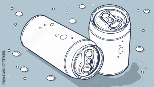 Two Aluminum Beverage Cans with Pull Tabs and Droplets Illustration.