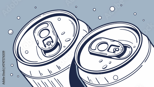 Two aluminum cans with pull tabs top view beverage cans drink cans soda cans bubbly refreshing carbonated cold drink vector illustration graphic design line art blue background.