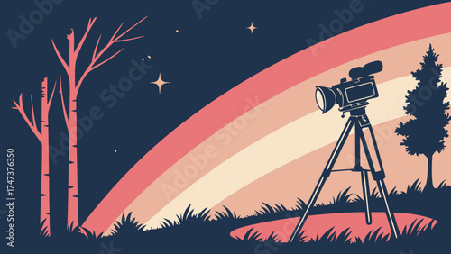 Video camera on tripod at night with rainbow backdrop nature scene cinematic equipment film production movie making vector illustration.
