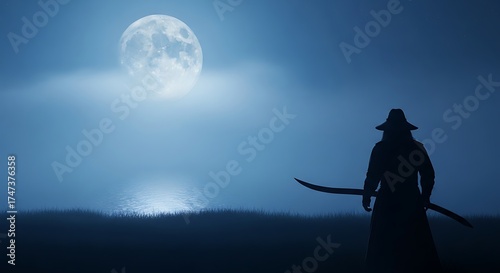 Silhouette of a man with katana under a full moon, dark fantasy concept