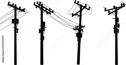 Utility poles, electrical infrastructure, power lines, transformers, silhouette, energy distribution, voltage, industrial, rural, urban, grid, technology, insulators, connection, transmission