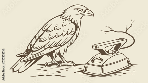Vintage illustration of a bird of prey and an antique iron.