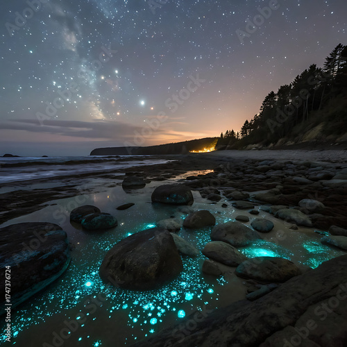 Shoreline scene at night showing glowing bioluminescent organisms in shallow pools among rocks; stars overhead; minimal light pollution.