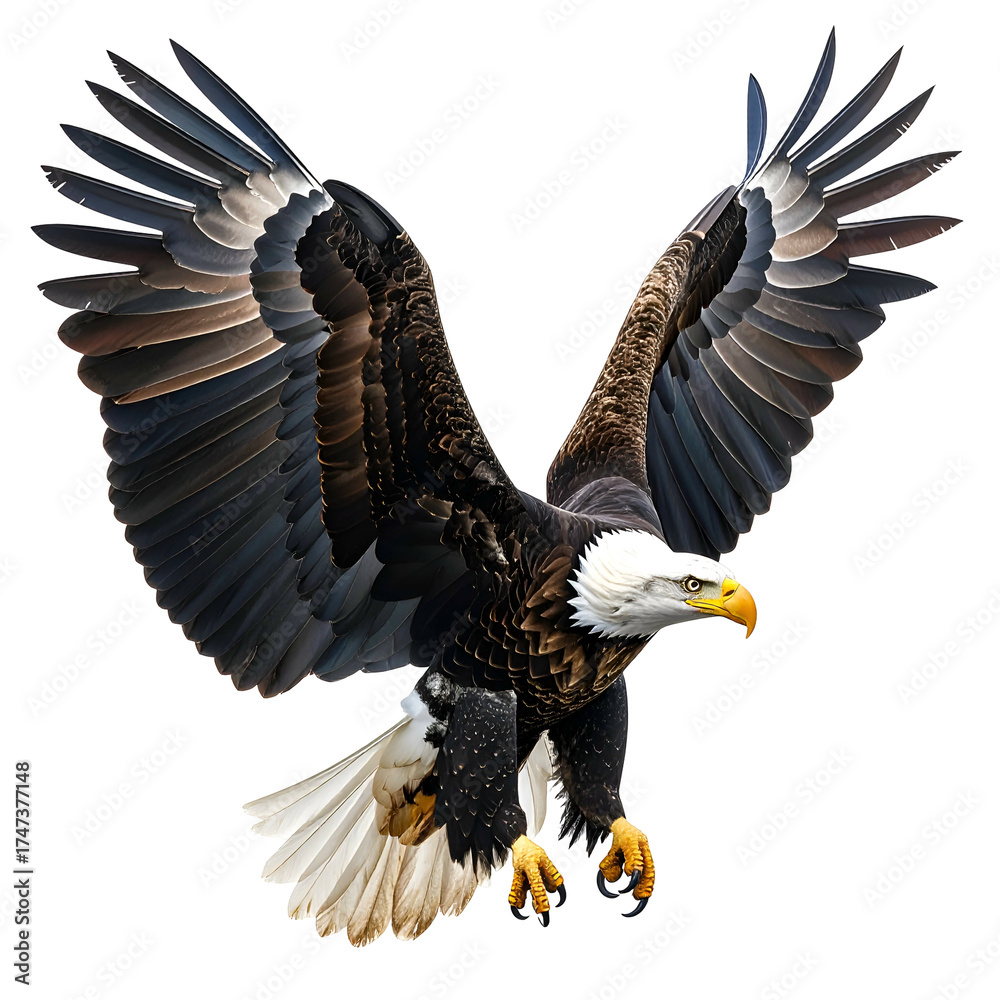 Obraz premium Majestic bald eagle in flight, wings outstretched, descending with focused intensity