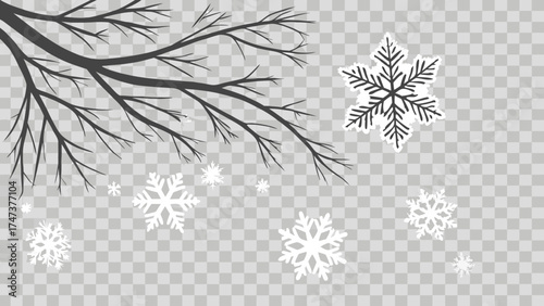 Winter scene with snowflakes and branches holiday design nature illustration seasonal graphic winter background Christmas card snowy design frosty pattern cold weather ice crystals snow.