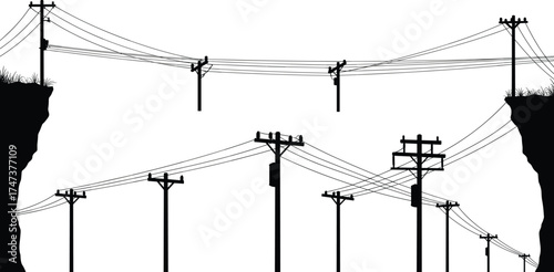 Utility poles, power lines, electricity distribution, rural landscape, telecommunication infrastructure, sagging wires, energy grid, countryside connection