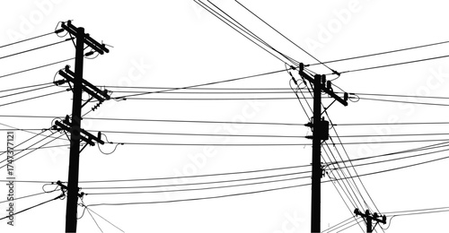 Utility poles, power lines, silhouette network, crossarms, insulators, electrical distribution, black and white, energy infrastructure, voltage system