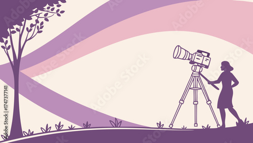 Woman operating professional video camera on tripod outdoors in nature.