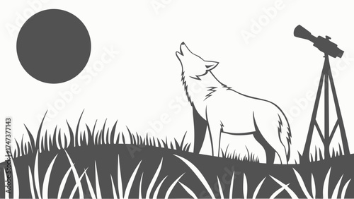 Wolf howling at the moon with telescope illustration wildlife vector art nature graphic design.