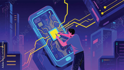 illustration of user trying to hack the algorithm, represented by them manually rewiring and soldering glowing circuit boards inside a giant phone.eps