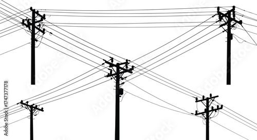 Utility poles, power lines, silhouette network, geometric symmetry, electrical distribution, black and white, urban rural infrastructure