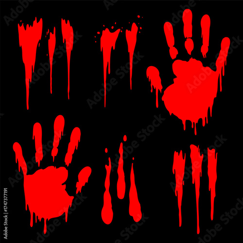 Set of horror red bloody handprints and dripping stains on black background. Creepy silhouette illustration