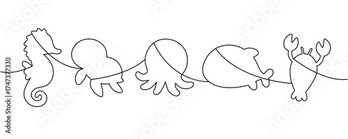 One-line contour silhouettes of seahorse, octopus, fish, stingray, crab, and other cute ocean animals in minimal style