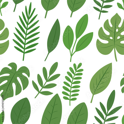 Seamless tropical foliage pattern. Botanical background with green leaves for summer and nature projects