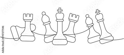 Minimalist chess line art with six chess pieces arranged in abstract balance
