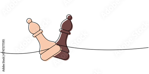 Linear minimalist outline of two chess bishops leaning together on a line, dual-tone abstract art of unity and tactics