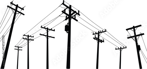 Utility poles, power lines, transformers, silhouette, electricity distribution, energy, voltage, infrastructure, rural, urban, industrial, grid, network, insulators, connection