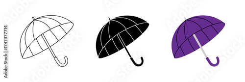 Minimalist umbrella icons in outline, solid black, and purple color. Simple vector rain protection symbols for seasonal weather design