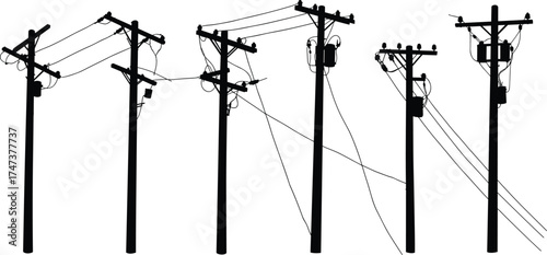 Utility poles, power lines, transformers, silhouette, electricity distribution, energy, voltage, infrastructure, rural, urban, industrial, grid, network, insulators, connection