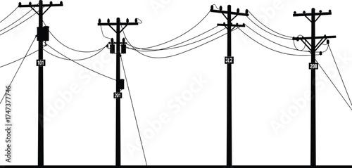 Utility poles, schematic diagram, power lines, transformers, insulators, electricity distribution, infrastructure, network, voltage, industrial, rural, urban, planning, engineering, connection