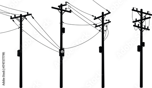 Utility pole silhouettes, electrical hazard sign, power line infrastructure, transformers and insulators, urban electricity grid, industrial energy design, overhead wires, infrastructure illustration