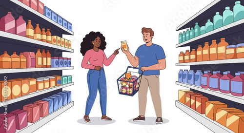 Diverse Couple Shopping for Groceries in a Supermarket Aisle with Shelves Full of Colorful Products