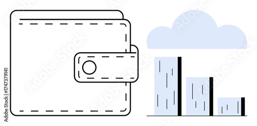 Wallet next to ascending bar graph and cloud image represents financial tracking, saving, digital economy. Ideal for finance, budgeting, investment, income planning, economic data, banking simple