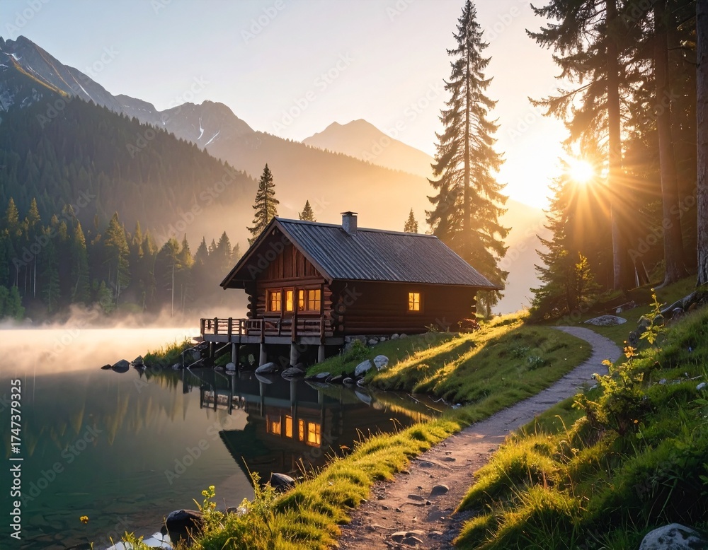 Fototapeta premium Wooden cabin by a montian lake at sunrise with mist and sunlight reflections