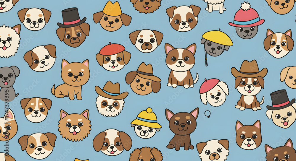Obraz premium Cute cartoon dogs wearing various hats and accessories.