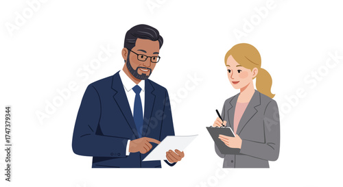 Professional Man and Woman Reviewing Documents in Business Attire