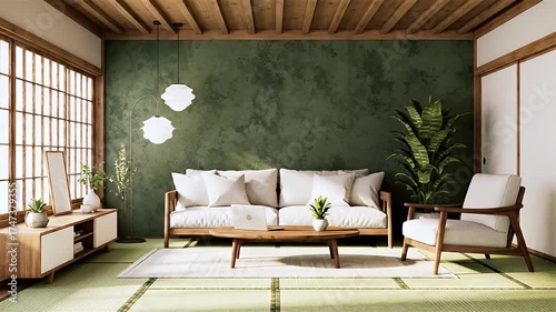 Wallpaper Mural Green Modern Living Room Interior Design With Tatami Mat Flooring Torontodigital.ca